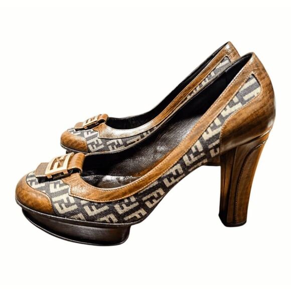 FENDI Zucca FF Leather Logo Platform Pumps Size 38 - Picture 2 of 12